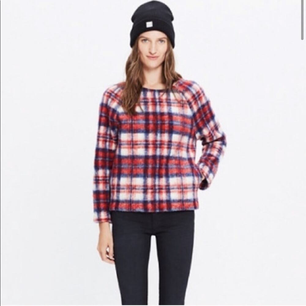 Madewell Wool Checkered Plaid Sweater Top Blue Red Pullover Fuzzy Small $110